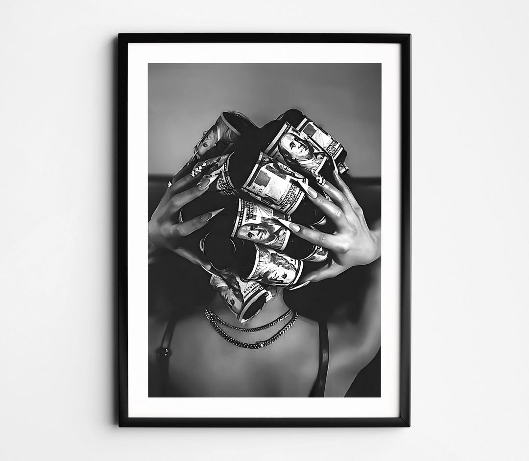 Black Woman with Money on Head Wall Art, Black and White Feminist Poster, Luxury Fashion W
