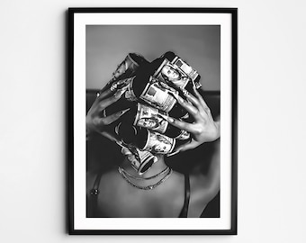 Black Woman with Money on Head Wall Art, Black and White Feminist Poster, Luxury Fashion Wall Art, Trendy Rich Woman, Retro Girl Room Decor