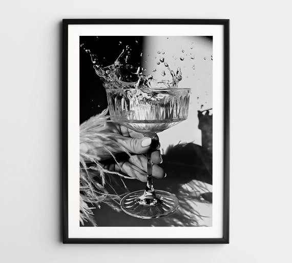 Black and White Champagne Poster, Cocktail Wall Art, Wine Poster, Alcohol Wall Art, Feminist Print, Vintage Bar Cart Print, Retro Wall Decor