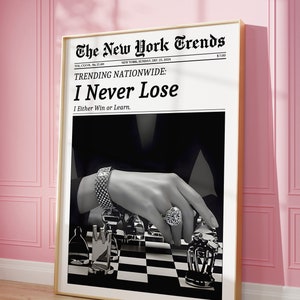 トレンディな新聞プリント、ニューヨークタイムズのウォールアート、I Never Lose、雑誌の見出し、レトロなバーカート、女子寮の部屋の装飾、印刷可能なポスター