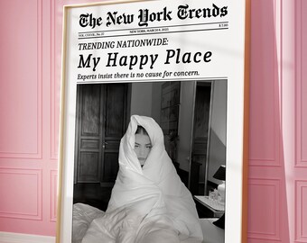 Trendy Newspaper Print, My Happy Place, New York Times Wall Art, Funny Bedroom Poster, Sleeping Poster, Vintage Retro Girl Dorm Room Decor
