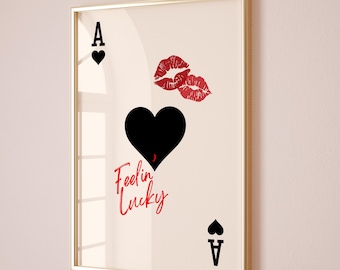 Hartenaas print, speelkaartposter, trendy retro lippen speelkaart kunst aan de muur, slaapkamer decor, kaart speelkaart, meisjes slaapzaal decor