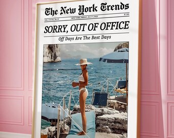 Trendy Girly Newspaper Print, Out of Office Poster, New York Times Wall Art, Office Wall Art, Girl Dorm Retro Art, Printable Office Decor