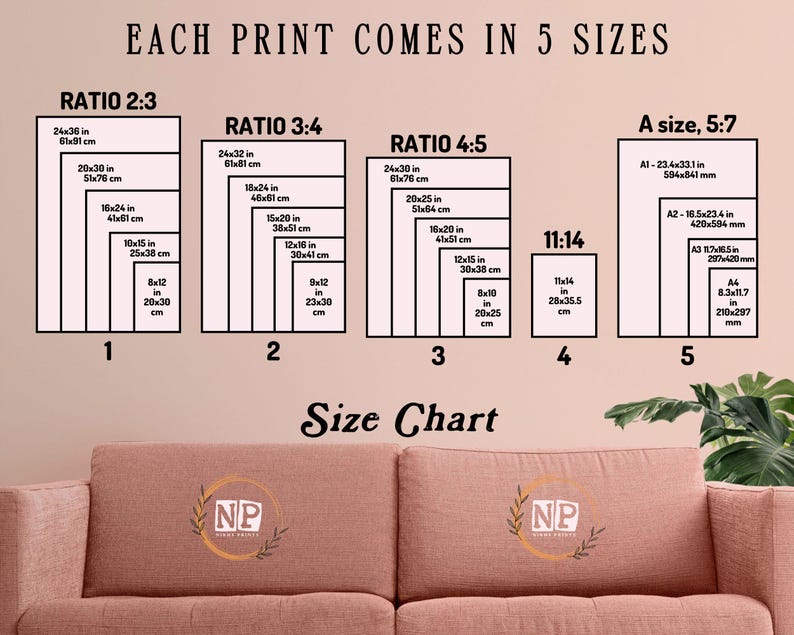 May include: A size chart displays print sizes in inches and centimeters, including ratios 2:3, 3:4, 4:5, 11:14, and A sizes. The chart is against a neutral background, with a sofa at the bottom.