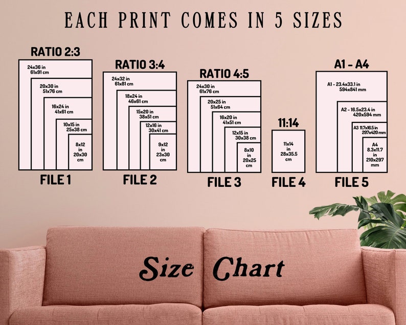 May include: A size chart for prints, displaying five file sizes with dimensions in inches and centimeters. The chart includes ratios 2:3, 3:4, 4:5, 11:14, and A1-A4 sizes. The text "EACH PRINT COMES IN 5 SIZES" and "Size Chart" are also visible.