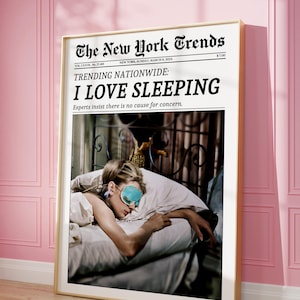 Trendy krantenprint, New York Times kunst aan de muur, vrouw slapende print, retro tijdschriftposter, poster vintage barwagen, poster meisjesslaapzaal, slapende vrouw