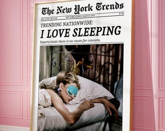 Trendy Newspaper Print, New York Times Wall Art, Woman Sleeping Print, Retro Magazine Poster, Vintage Bar Cart Print, Girl Dorm Room Decor