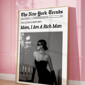 Modny wydruk gazety, sztuka New York Time, plakat „Mamo, jestem bogatym człowiekiem”, sztuka retro, dekoracja pokoju w akademiku dla dziewcząt, sztuka ścienna feministyczna, wydruk „Boss Woman”