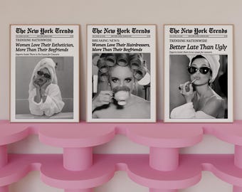 Trendy Hair Salon Newspaper Prints Set of 3 Wall Art, Esthetician decor, Bathroom Decor, Retro New York Times Poster, Beauty Salon Wall Art