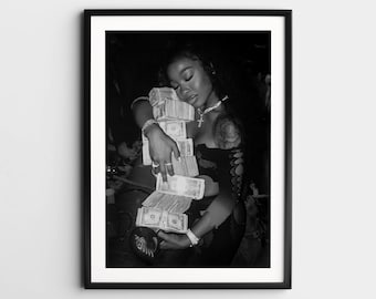 Black Woman Sleeping on Money Wall Art, Black and White Print, Vintage Photo, Rich Woman Print, Feminist Poster, Retro Girl Dorm Room Decor