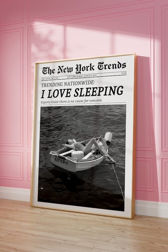 Trendy Newspaper Print, New York Times Wall Art, I Love Sleeping