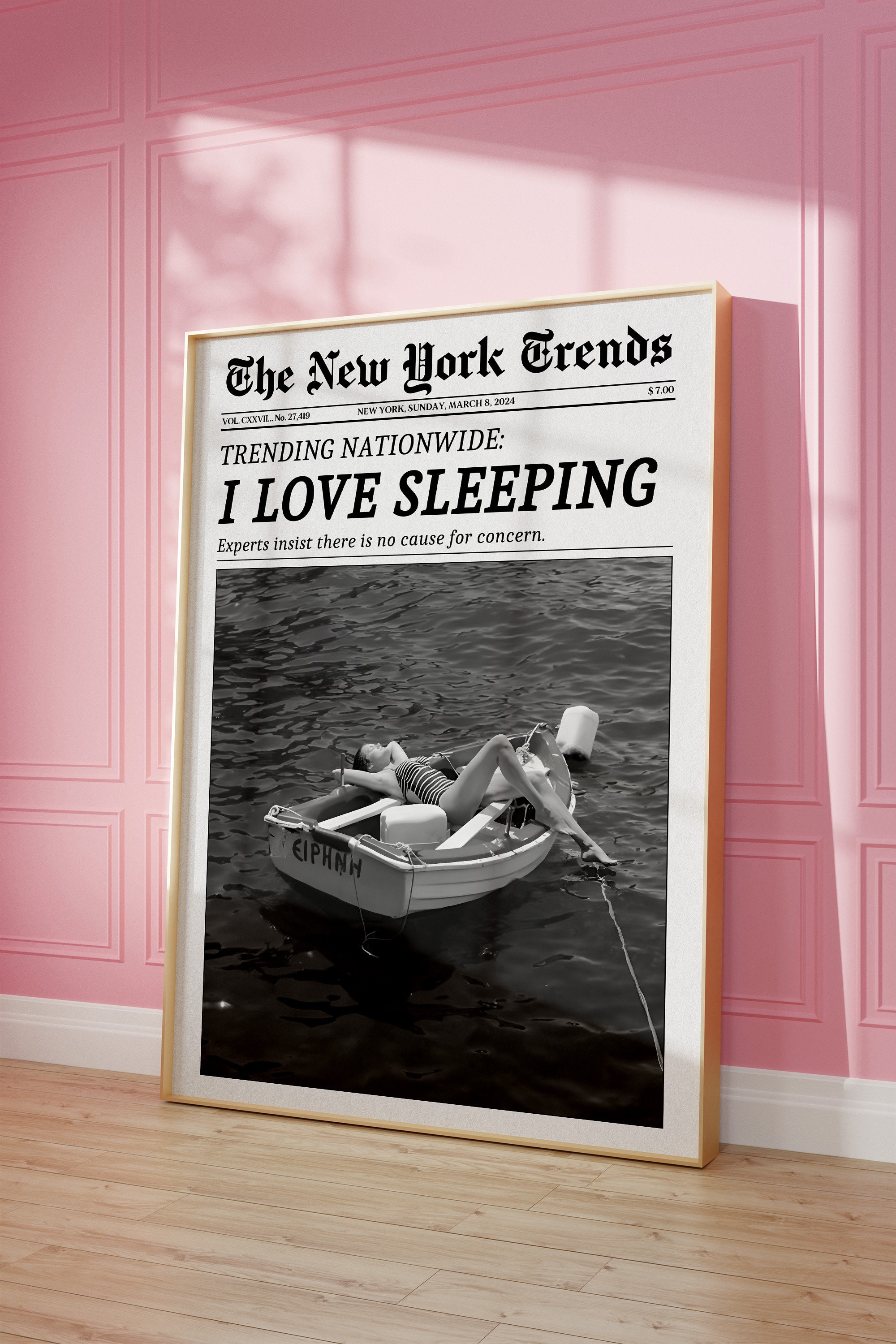 Trendy Newspaper Print, New York Times Wall Art, I Love Sleeping