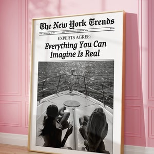 Impresión de periódico de moda, arte mural del New York Times, arte mural del océano, titular de revista, carrito de bar retro, decoración de dormitorio femenino, póster imprimible