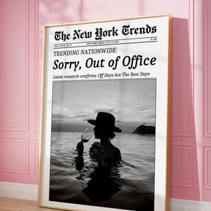 Modny nadruk w gazecie, plakat „poza biurem”, sztuka „New York Times”, nadruk na wózku barowym, nadruk retro na lato, sztuka ścienna do biura dla dziewczyn, wystrój pokoju w akademiku