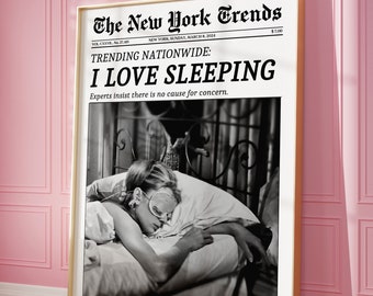 Trendy Newspaper Print, New York Times Wall Art, Woman Sleeping Print, Retro Magazine Poster, Vintage Bar Cart Print, Girl Dorm Room Decor