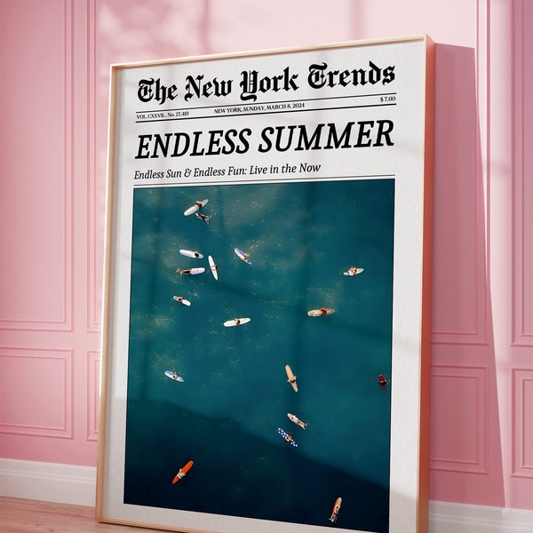 Endless Summer Coastal Print, Beachy Wall Art, New York Times Newspaper, Retro Surfer, Vintage Bar Cart, Blue Ocean Western Beach Poster