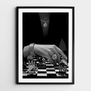 Kobieta grająca w szachy Sztuka ścienna, czarno-biały wydruk, plakat szachowy vintage, zdjęcie vintage, plakat feministyczny, wydruk wózka barowego, dekoracja ścienna retro