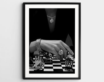 Woman Playing Chess Wall Art, Black and White Print, Vintage Chess Poster, Vintage Photo, Feminist Poster, Bar Cart Print, Retro Wall Decor