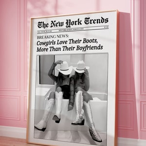 Trendy cowgirl-krantafdruk, New York Times kunst aan de muur, cowgirl laarzen kunst, vintage barwagen print, meisjesslaapzaal retro kunst, afdrukbare kunst aan de muur