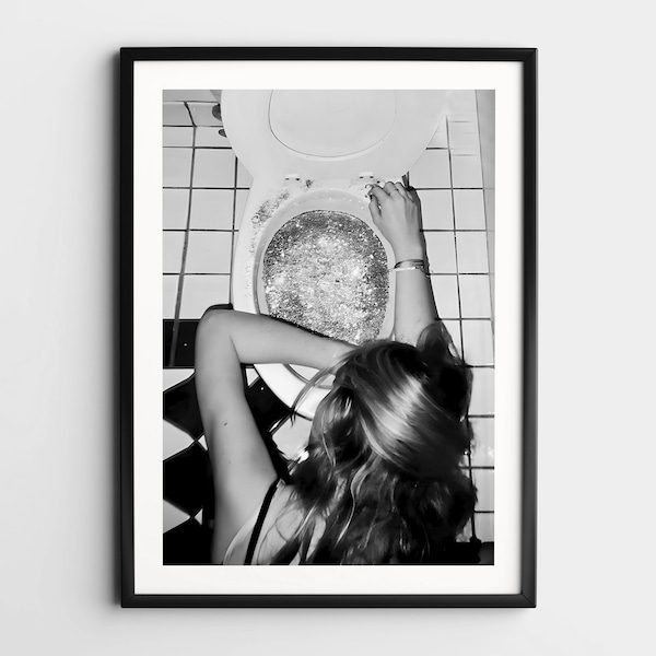 Woman After the Disco Party Print, Funny Bathroom Wall Art, Black and White Print, Vintage Bar Poster, Girl Bathroom Decor Teen Girl Bedroom