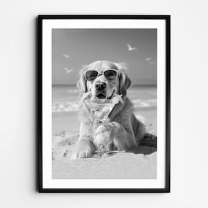 Golden Retriever Drinking Martini on Beach Wall Art, Black and White Print, Western Print, Beach Wall Art, Retro Dog Gift, Funny Dog Poster