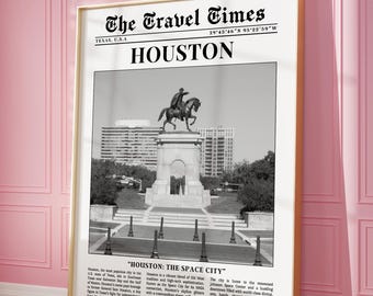 HOUSTON Wall Art, Texas Trendy Newspaper Print, Black and White Wall Art, USA Texas Poster, Retro Houston Poster, Girl Dorm Room Decor
