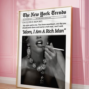 Modny wydruk gazety, mamo, jestem bogatym człowiekiem, cytat Cher, plakat, New York Times, okładka magazynu retro, sztuka w pokoju w akademiku dla dziewcząt, sztuka ścienna feministyczna