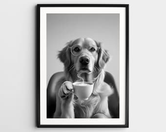 Golden retriever drinken koffie kunst aan de muur, zwart-wit print, koffieliefhebber print, retro hond cadeau, grappige hond poster, keuken muur decor