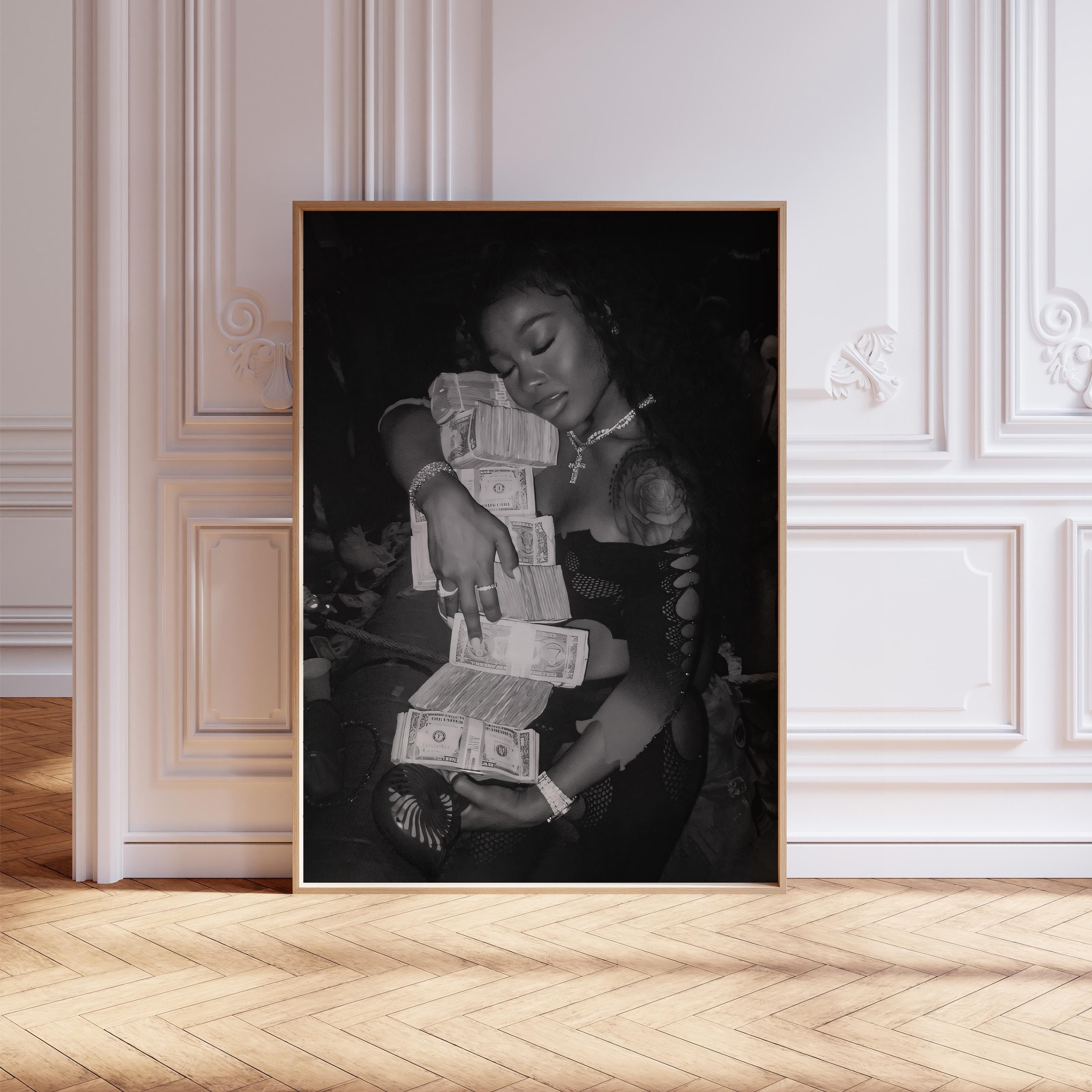 black-woman-sleeping-on-money-wall-art-black-and-white-print-vintage