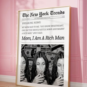 Modny wydruk gazety, mamo, jestem bogatym człowiekiem, cytat Cher, plakat, sztuka ścienna w stylu retro New York Times, sztuka ścienna feministyczna, wózek barowy, wystrój akademika dla dziewcząt