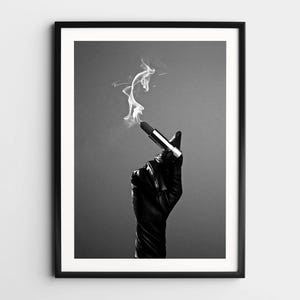 Vrouw roken lippenstift kunst aan de muur, zwart-wit print, feministische poster, alcohol kunst, vintage hand print, kunst aan de muur roken, retro wanddecoratie
