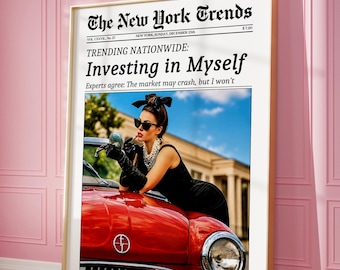 Trendy Color Newspaper Print, Feminist News Wall Art, Investing in Me, Rich Women Poster, Retro New York Times Art, Girl Room Decor, Digital