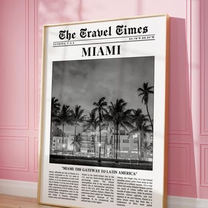 Miami Wall Art, Florida trendy krantenprint, zwart-witte muurkunst, VS vintage muurkunst, retro Miami-poster, decor meisjesslaapzaal