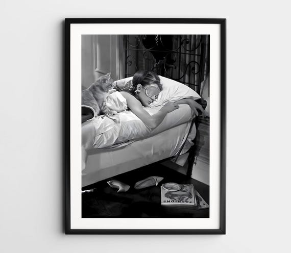 Audrey Hepburn Sleeping Wall Art, Black and White Print, Vintage Photo, Classic Hollywood Art, Woman and Cat Wall Decor, Retro Dorm Room Art