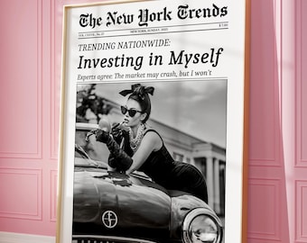 Trendy Newspaper Print, Feminist News Wall Art, Investing in Me, Rich Women, New York Times Poster, Retro Bar Cart Art, Girl Dorm Room Decor