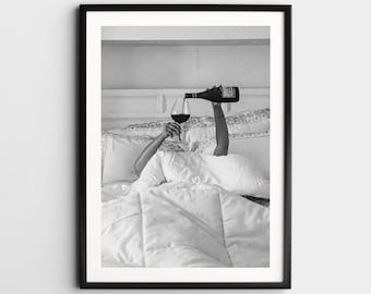 Woman Drinking Wine in Bed Wall Art, Black and White Print, Feminist Poster, Alcohol Wall Art, Vintage Bar Cart Print, Retro Wall Decor