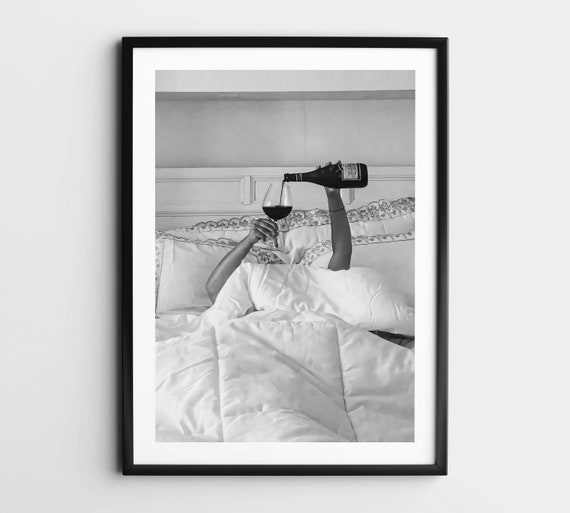 Woman Drinking Wine in Bed Wall Art, Black and White Print, Feminist Poster, Alcohol Wall Art, Vintage Bar Cart Print, Retro Wall Decor