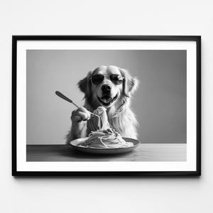 Golden Retriever Eating Pasta Wall Art, Black and White Print, Spaghetti Print, Retro Dog Gift Funny Dog Poster, Food Art Kitchen Wall Decor
