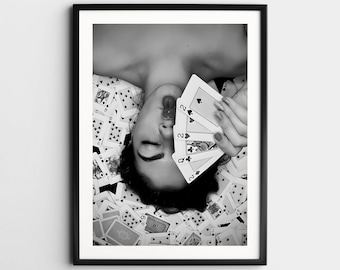 Woman Playing Cards Wall Art, Black and White Print, Vintage Photo, Feminist Poster, Ace of Spades Art, Bar Cart Print, Retro Wall Decor