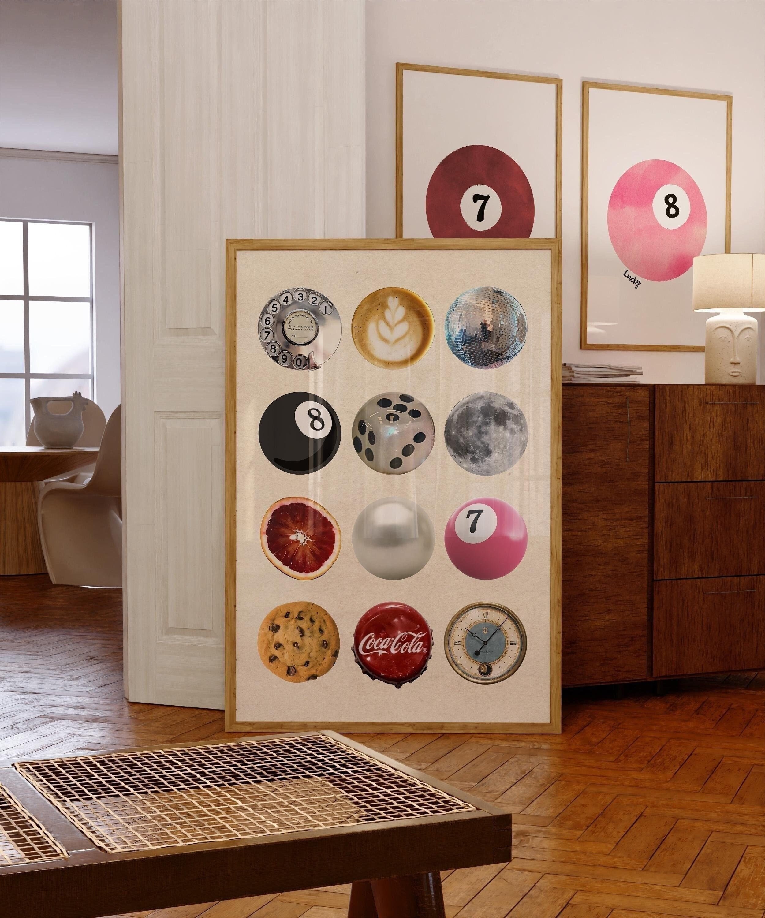 Vintage Retro Print, Trendy Wall Art, Retro Collage Wall Art, Trendy Dorm Room Decor, 8 Ball Print, 7 Ball Print, Funky Aesthetic Print