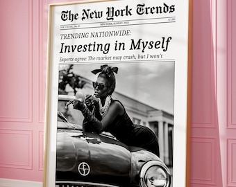 Trendy Black Girl Newspaper Print, Investing in Me, Feminist News Wall Art, Rich Black Women, New York Times Poster, Girl Dorm Room Decor