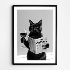 赤ワインを持った猫のウォールアート、新聞を読む黒猫のプリント、白黒アルコールプリント、レトロで面白い猫のポスター ヴィンテージ バーカートアート
