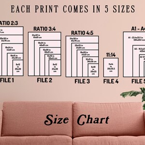 May include: A size chart for prints, showing five different aspect ratios and sizes. The chart includes measurements in inches and centimeters. The ratios are 2:3, 3:4, 4:5, 11:14, and A1-A4.