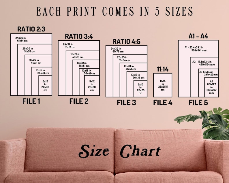 May include: A size chart for prints, showing five different aspect ratios and sizes. The chart includes measurements in inches and centimeters. The ratios are 2:3, 3:4, 4:5, 11:14, and A1-A4.