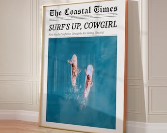 Blue Coastal Cowgirl Print, New York Times Newspaper Wall Art, Retro Magazine Poster, Vintage Bar Cart, Surf Up Western Beach Surfer Poster