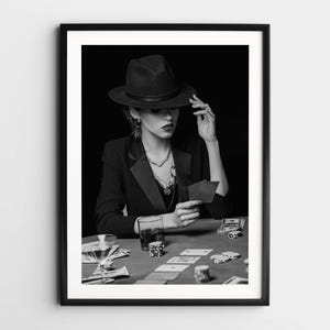 Woman Playing Cards Wall Art, Black and White Print, Playing Cards Print, Vintage Photo, Feminist Poster, Bar Cart Print, Retro Wall Decor