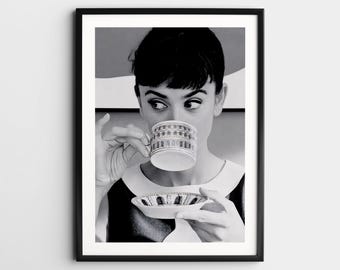 Audrey Hepburn Drinking Coffee Wall Art, Black and White Print, Vintage Photo, Classic Hollywood Art, Woman Wall Decor, Retro Dorm Room Art