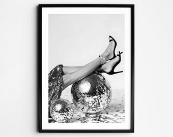 Woman With Mirrorball Print, After the Disco Party Print, Funny Wall Art, Black and White Print, Vintage Bar Poster, Girl Dorm Room Decor