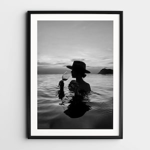 Woman Drinking Wine in Beach Wall Art, Black and White Print, Feminist Poster, Alcohol Wall Art, Vintage Summer Decor, Retro Coastal Print