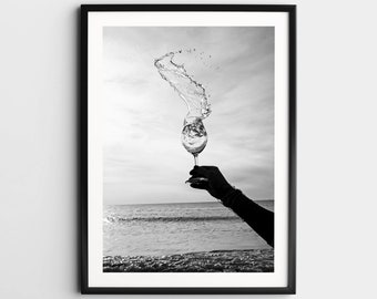Woman With Wine in Beach Wall Art, Black and White Print, Feminist Poster, Alcohol Wall Art, Vintage Bar Cart Print, Retro Wall Decor